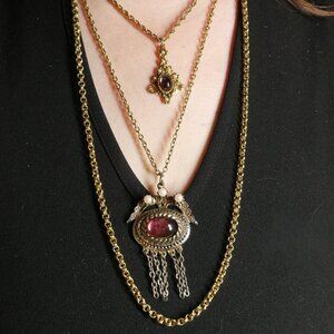 Vtg Victorian Revival Filigree Amethyst Colored Glass Double Drop Chain Necklace